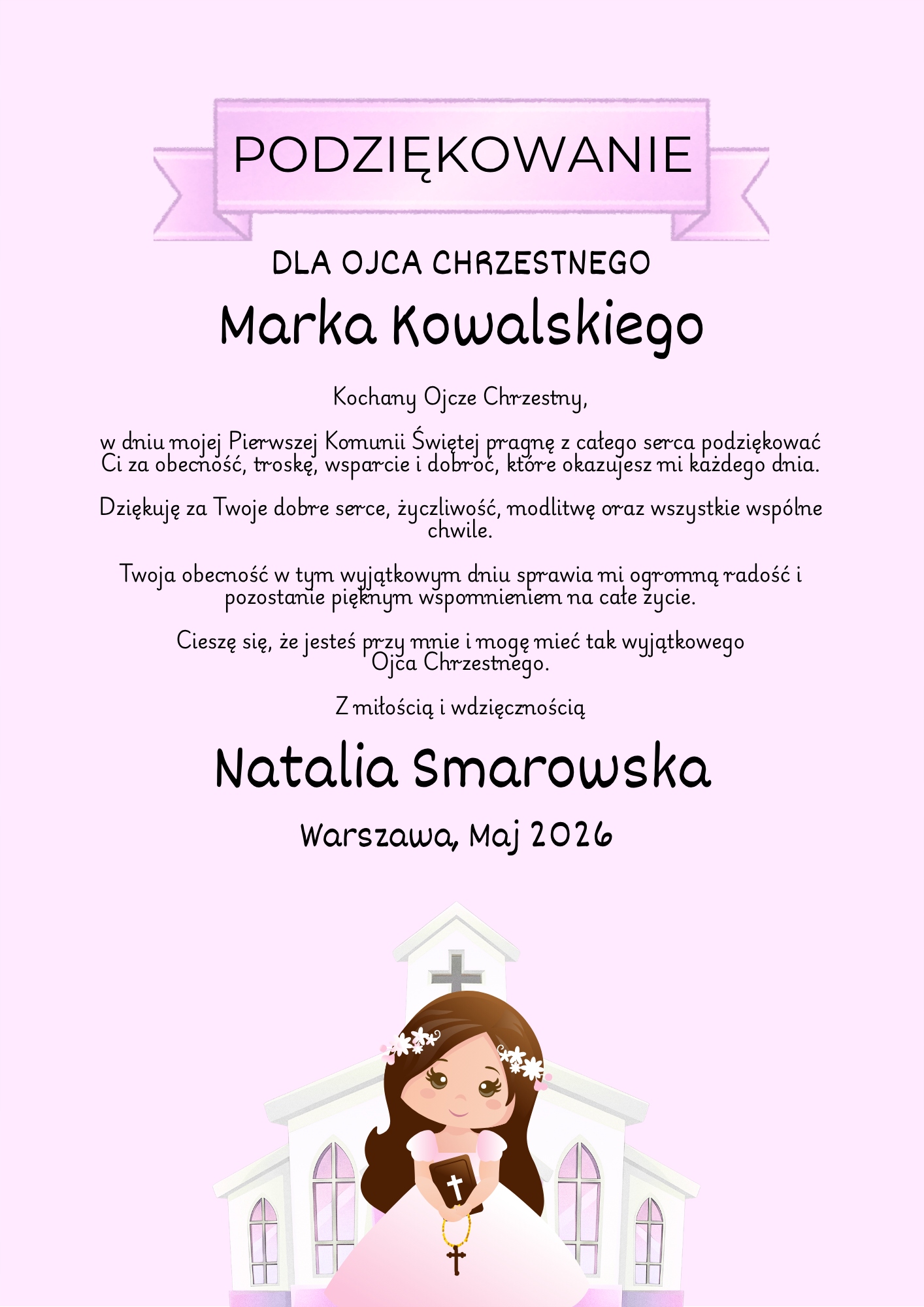 Podziękowanie dla Ojca Chrzestnego na Pierwszą Komunię Świętą Plakat A3
